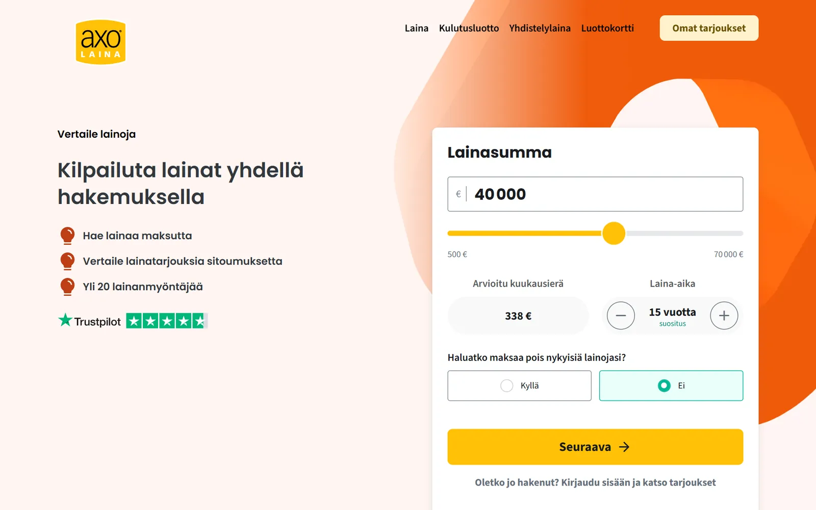 Axolainan etusivu ja lainahakemuksen alku tietokoneella