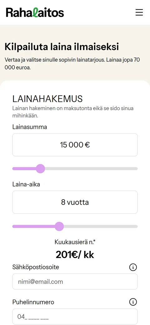 Rahalaitoksen etusivu puhelimella
