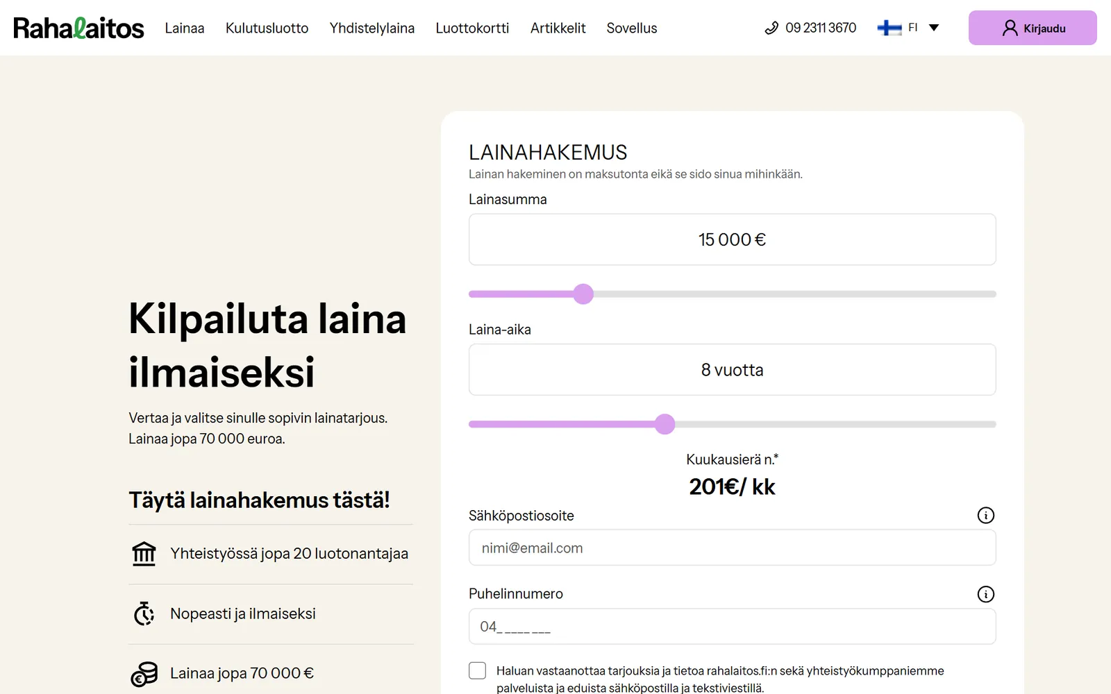 Rahalaitoksen etusivu ja lainahakemuksen alku tietokoneella