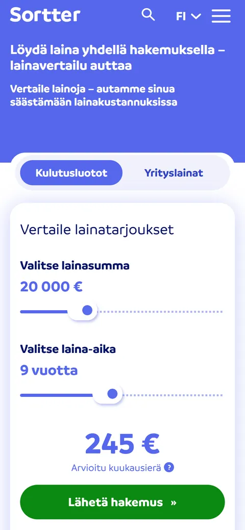Sortterin etusivu puhelimella