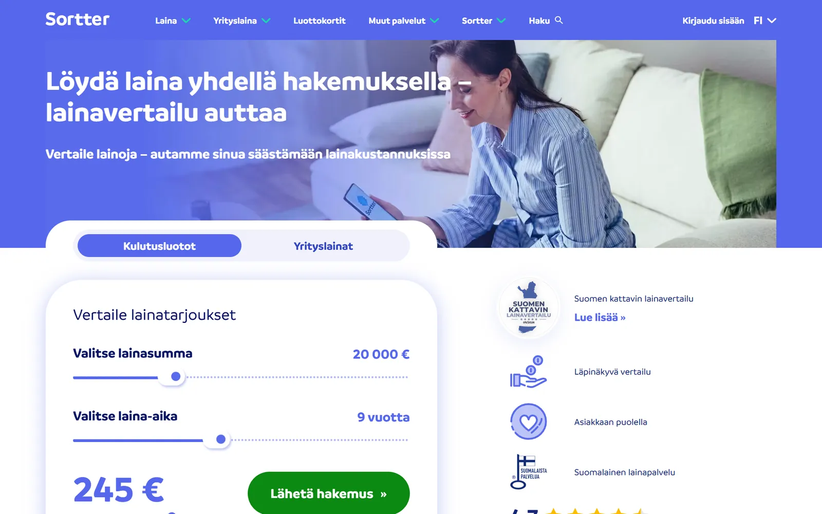 Sortterin etusivu ja lainahakemuksen alku tietokoneella