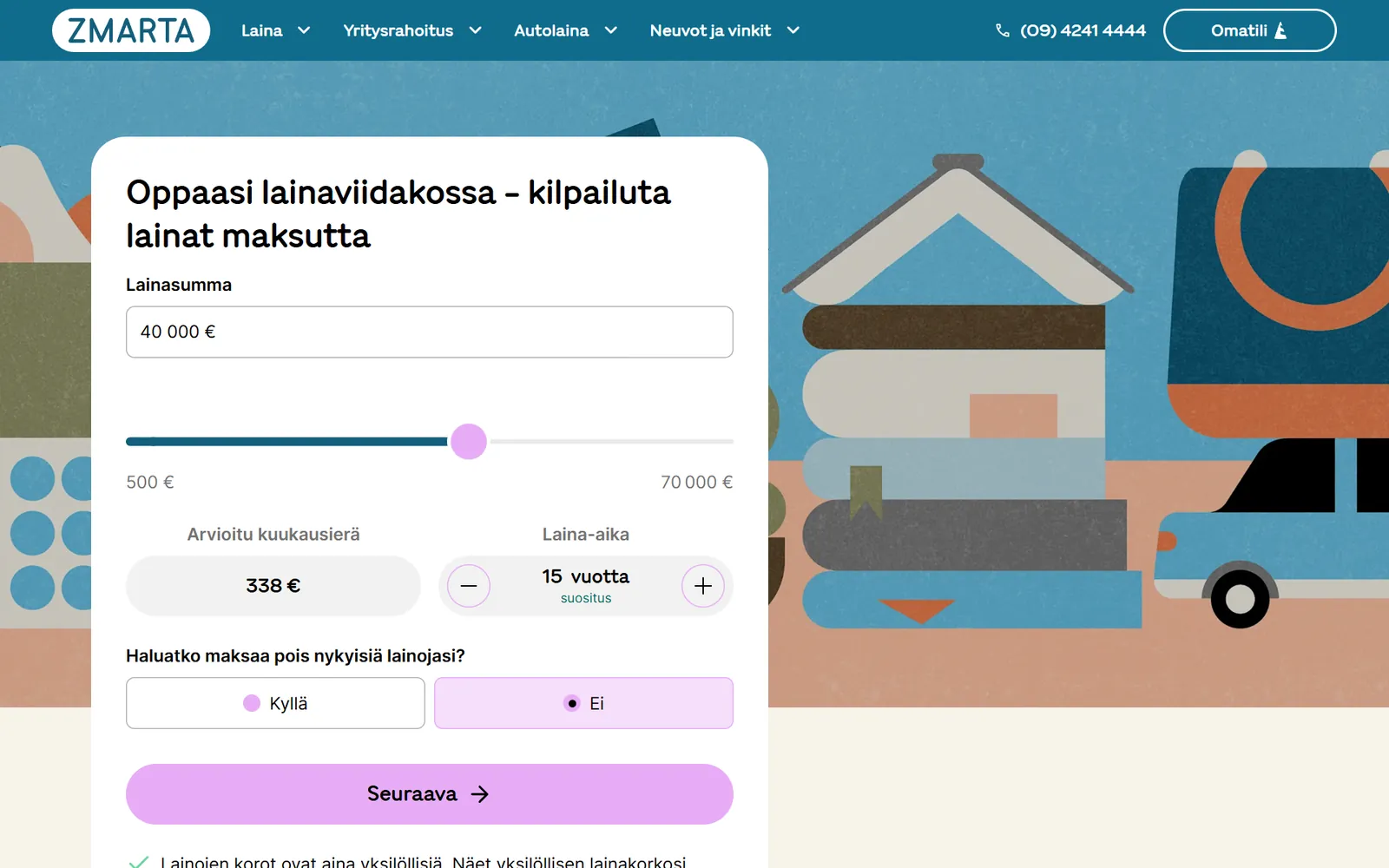 Zmartan etusivu ja lainahakemuksen alku tietokoneella
